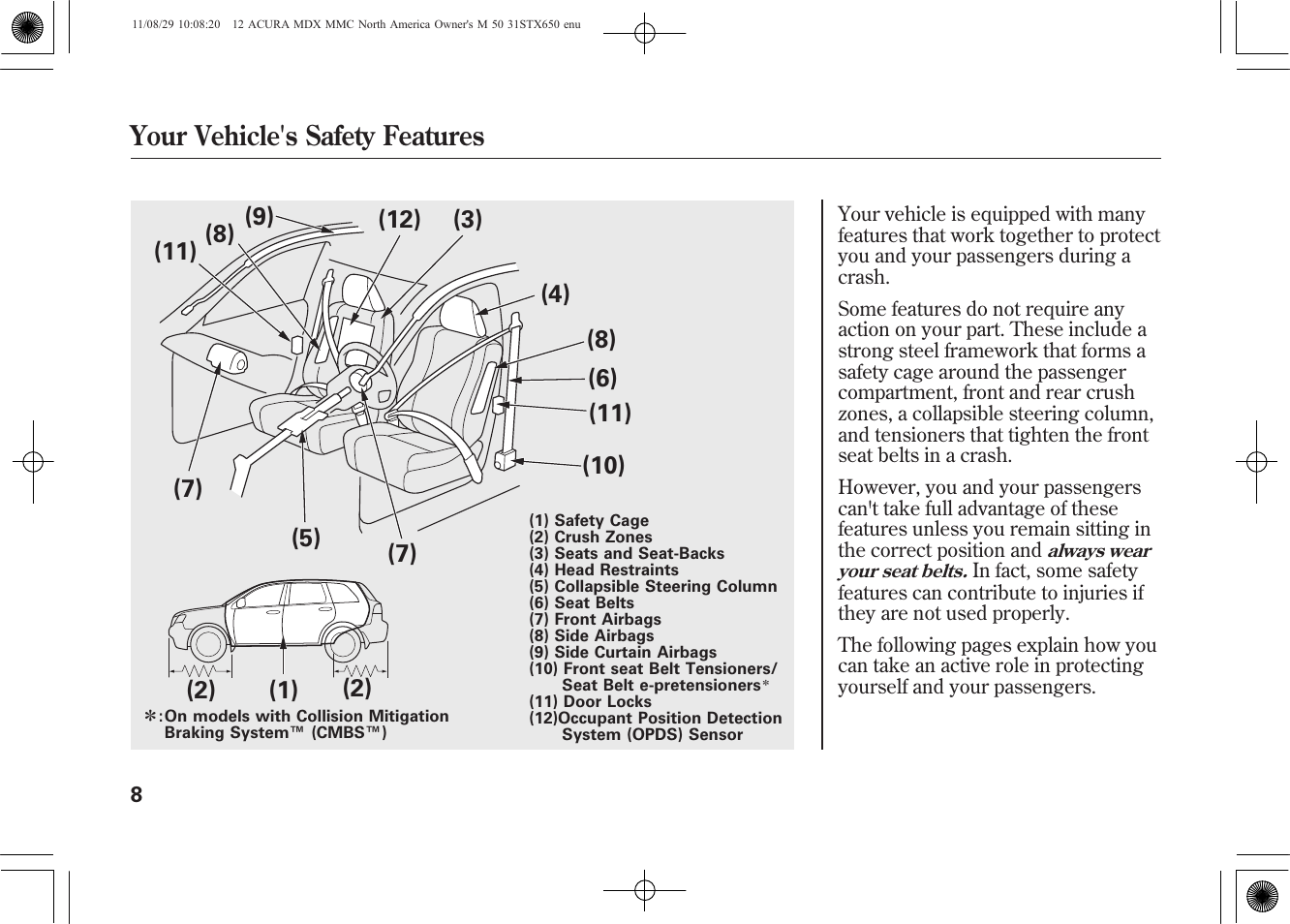 Your vehicle's safety features | Acura 2012 MDX User Manual | Page 15 / 617