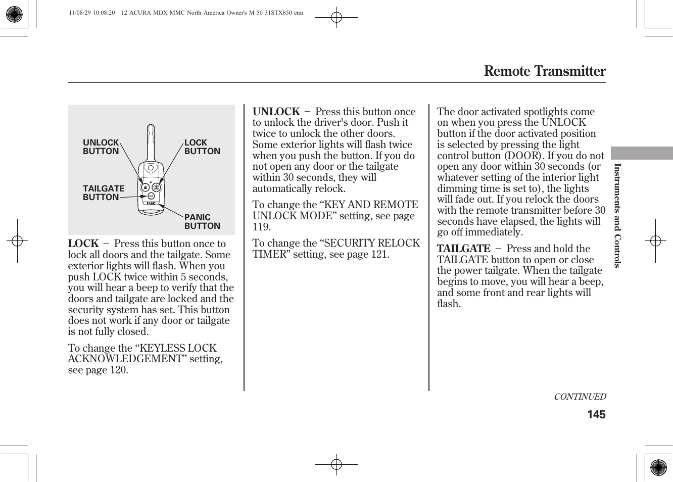 Remote transmitter | Acura 2012 MDX User Manual | Page 152 / 617