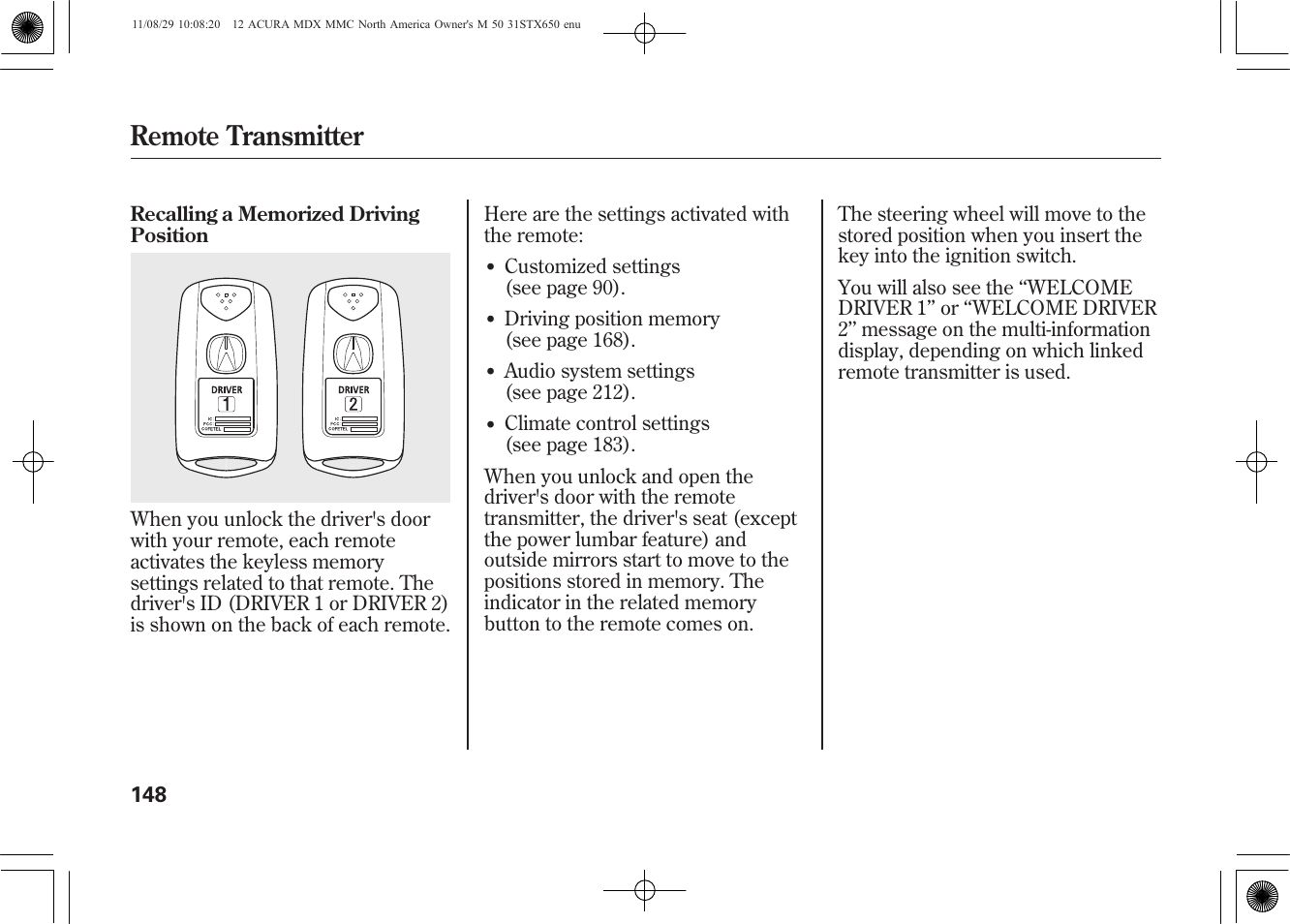 Remote transmitter | Acura 2012 MDX User Manual | Page 155 / 617