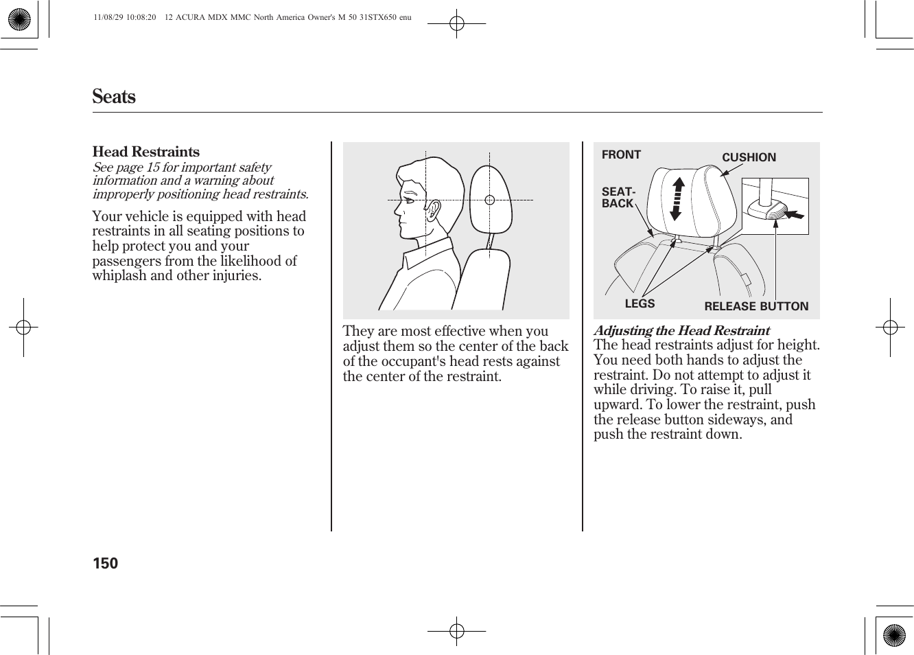 Seats | Acura 2012 MDX User Manual | Page 157 / 617