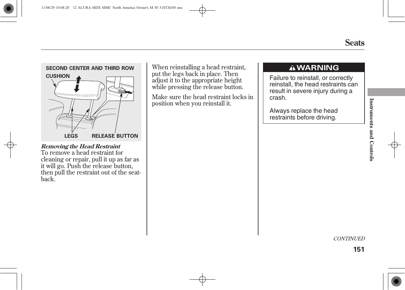Seats | Acura 2012 MDX User Manual | Page 158 / 617