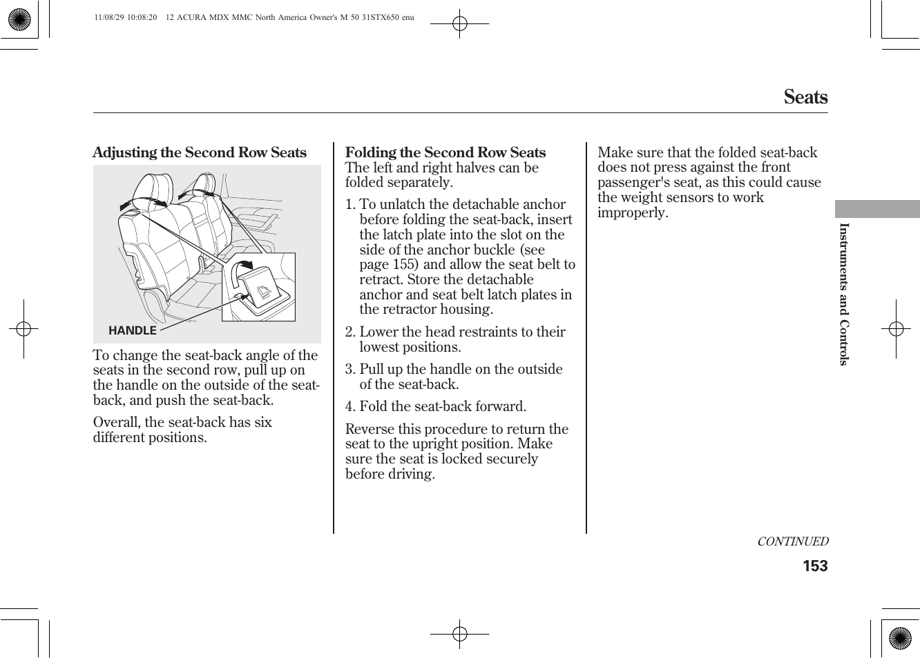 Seats | Acura 2012 MDX User Manual | Page 160 / 617