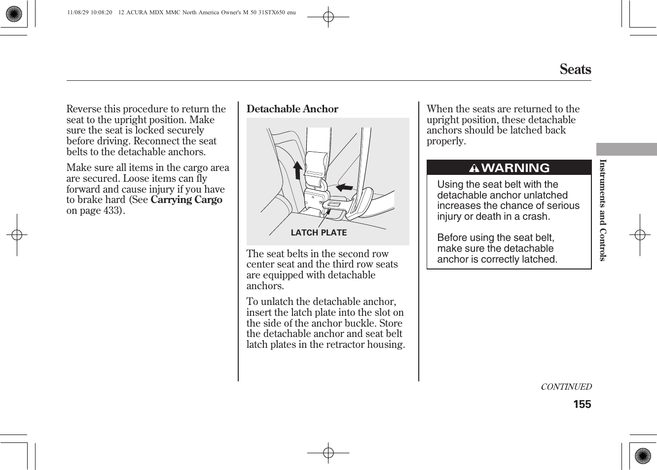 Seats | Acura 2012 MDX User Manual | Page 162 / 617