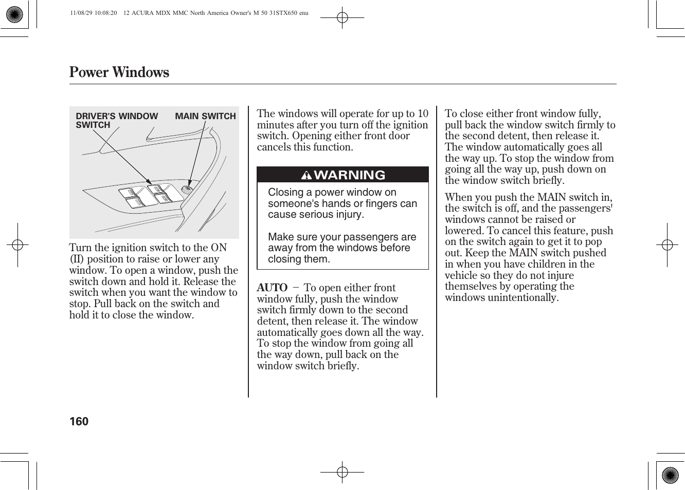 Power windows | Acura 2012 MDX User Manual | Page 167 / 617