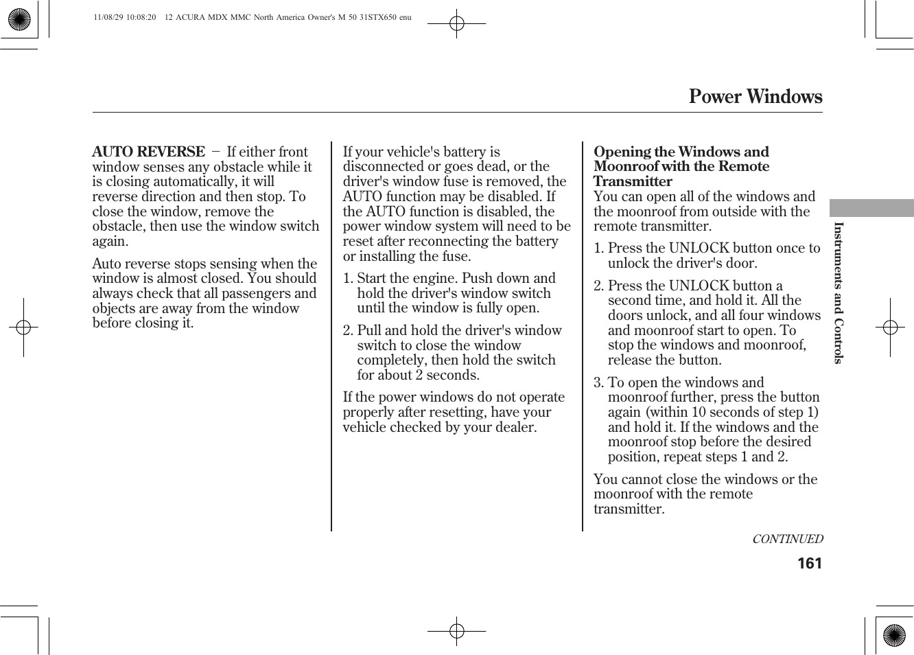 Power windows | Acura 2012 MDX User Manual | Page 168 / 617