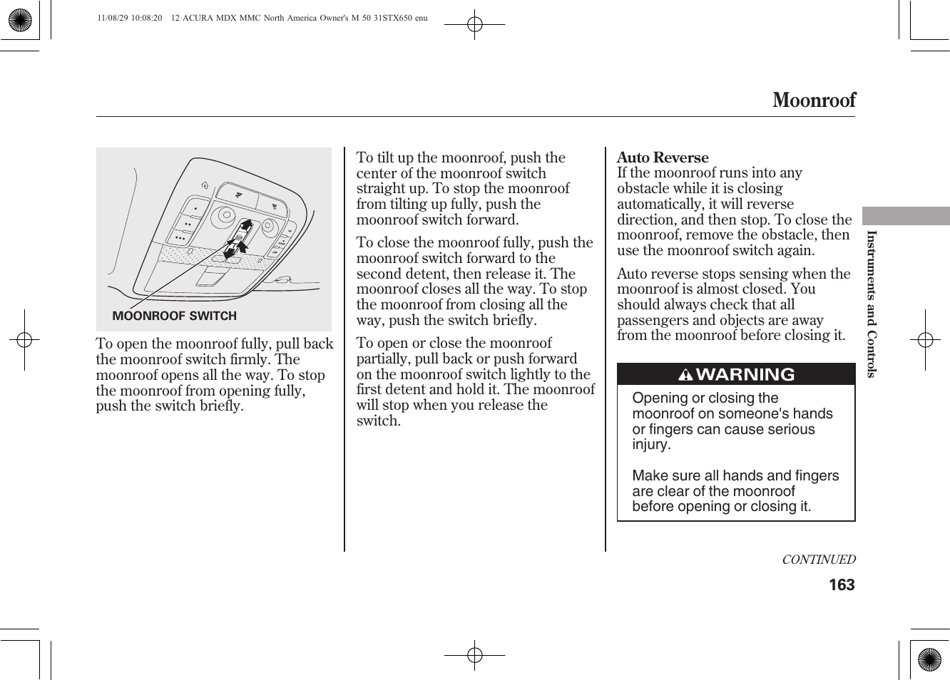 Moonroof | Acura 2012 MDX User Manual | Page 170 / 617