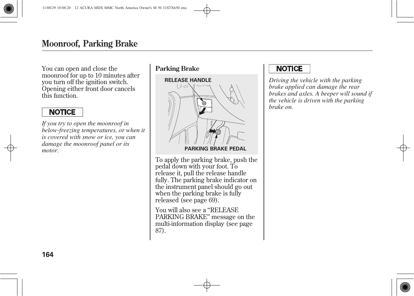 Moonroof, parking brake | Acura 2012 MDX User Manual | Page 171 / 617