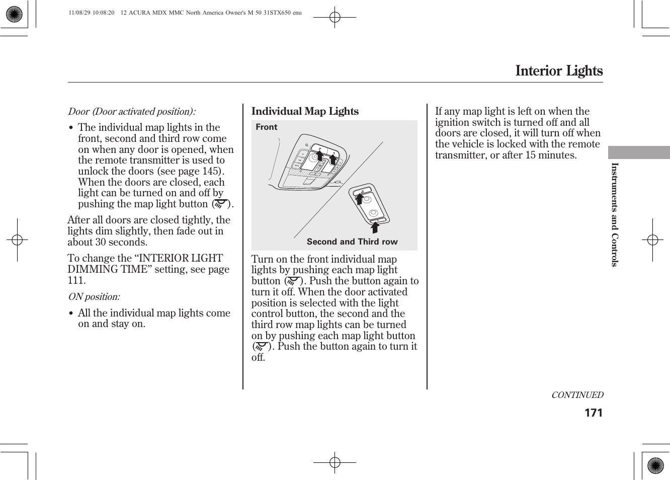 Interior lights | Acura 2012 MDX User Manual | Page 178 / 617