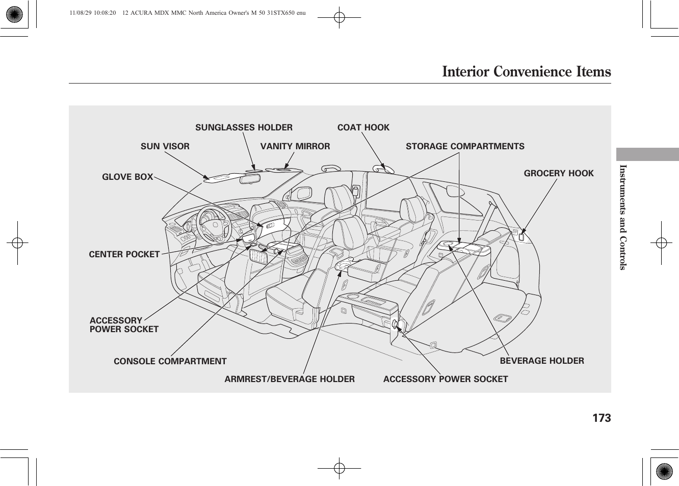 Interior convenience items | Acura 2012 MDX User Manual | Page 180 / 617