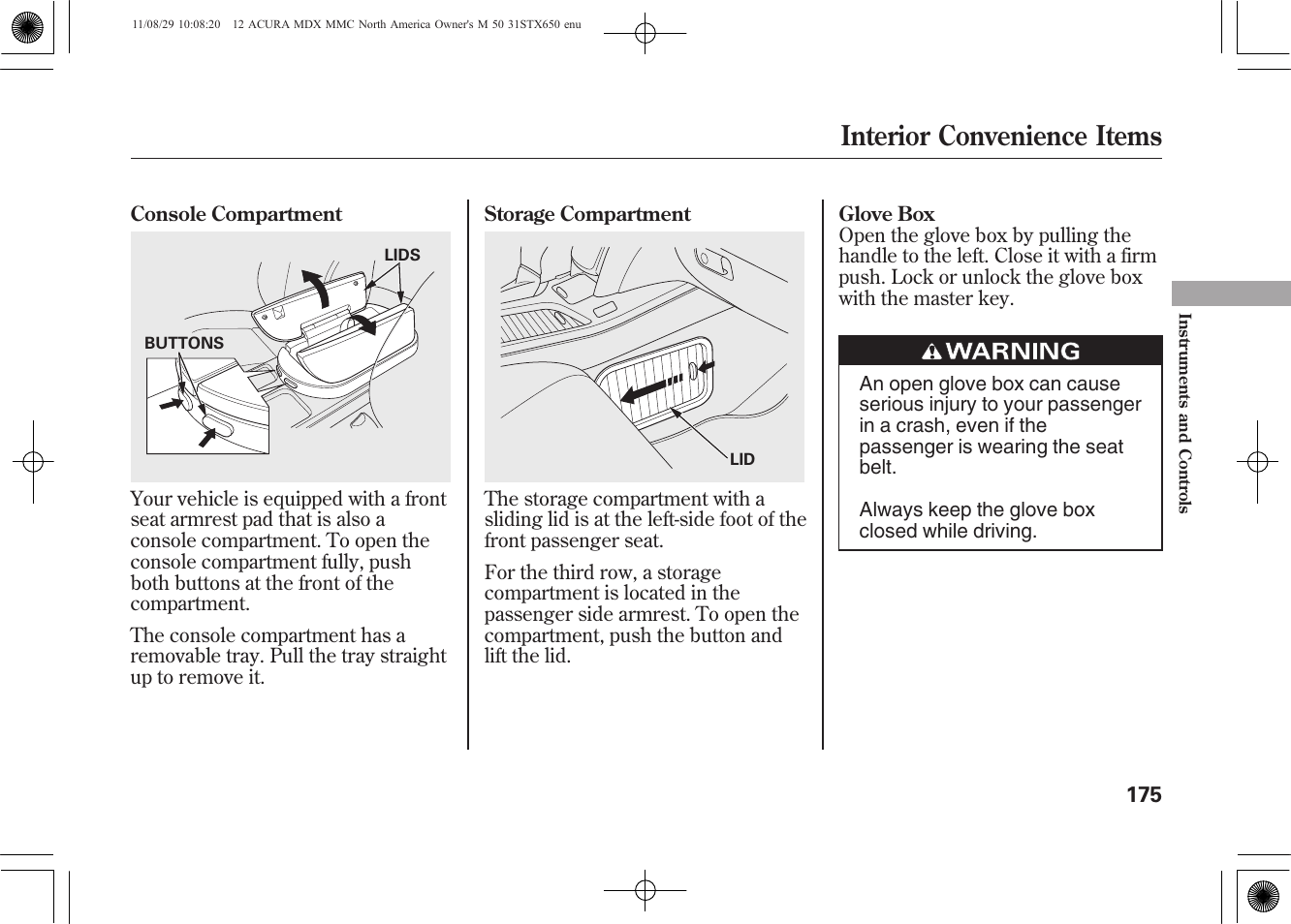 Interior convenience items | Acura 2012 MDX User Manual | Page 182 / 617