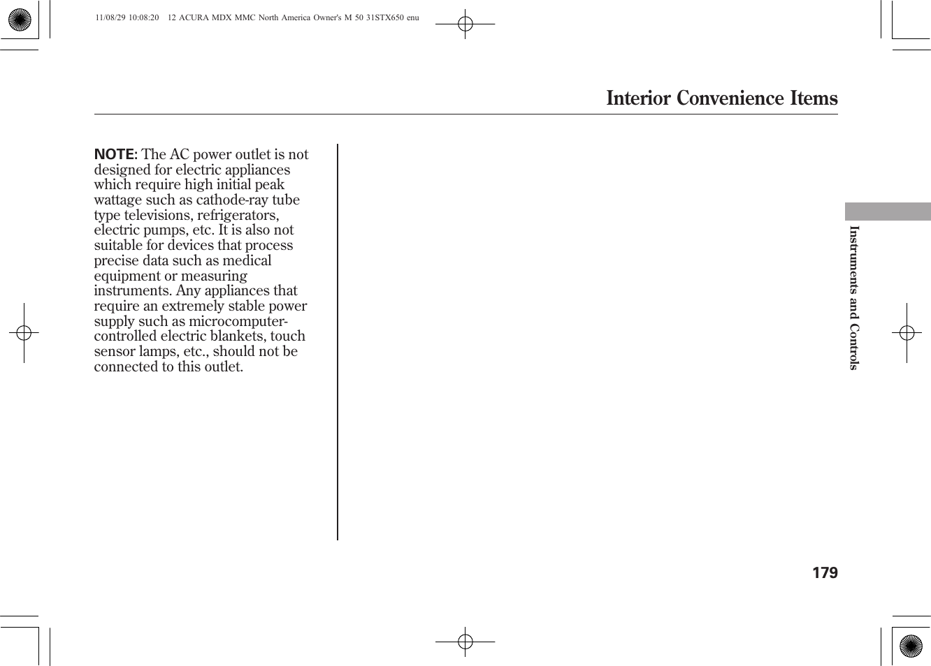 Interior convenience items | Acura 2012 MDX User Manual | Page 186 / 617