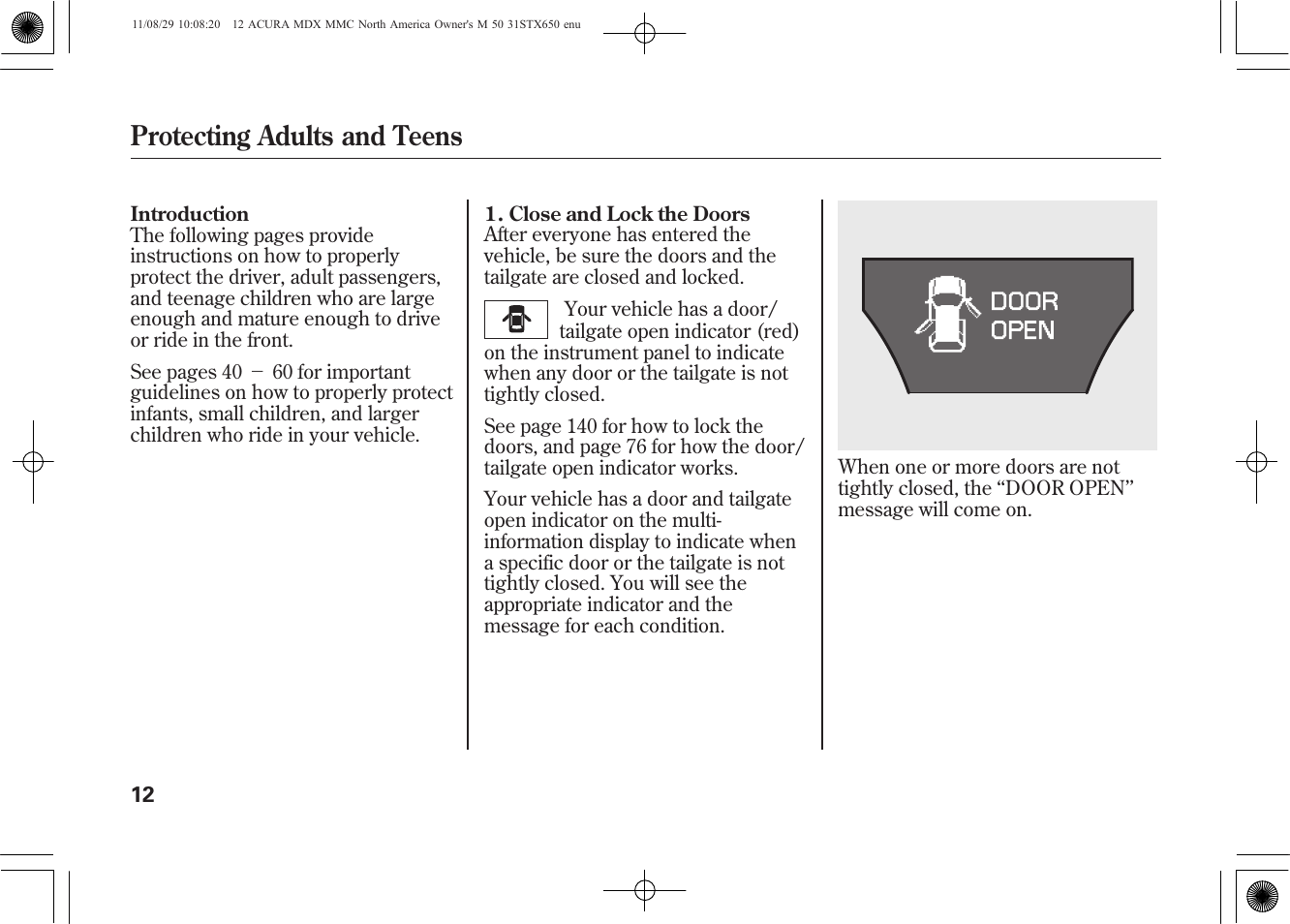 Protecting adults and teens | Acura 2012 MDX User Manual | Page 19 / 617