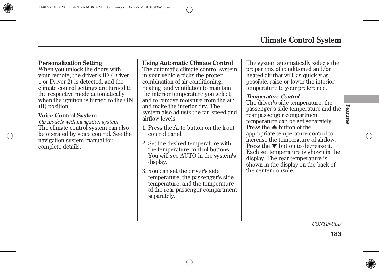 Climate control system | Acura 2012 MDX User Manual | Page 190 / 617