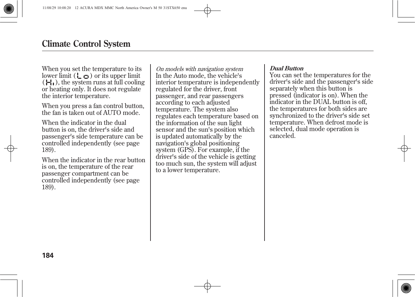 Climate control system | Acura 2012 MDX User Manual | Page 191 / 617
