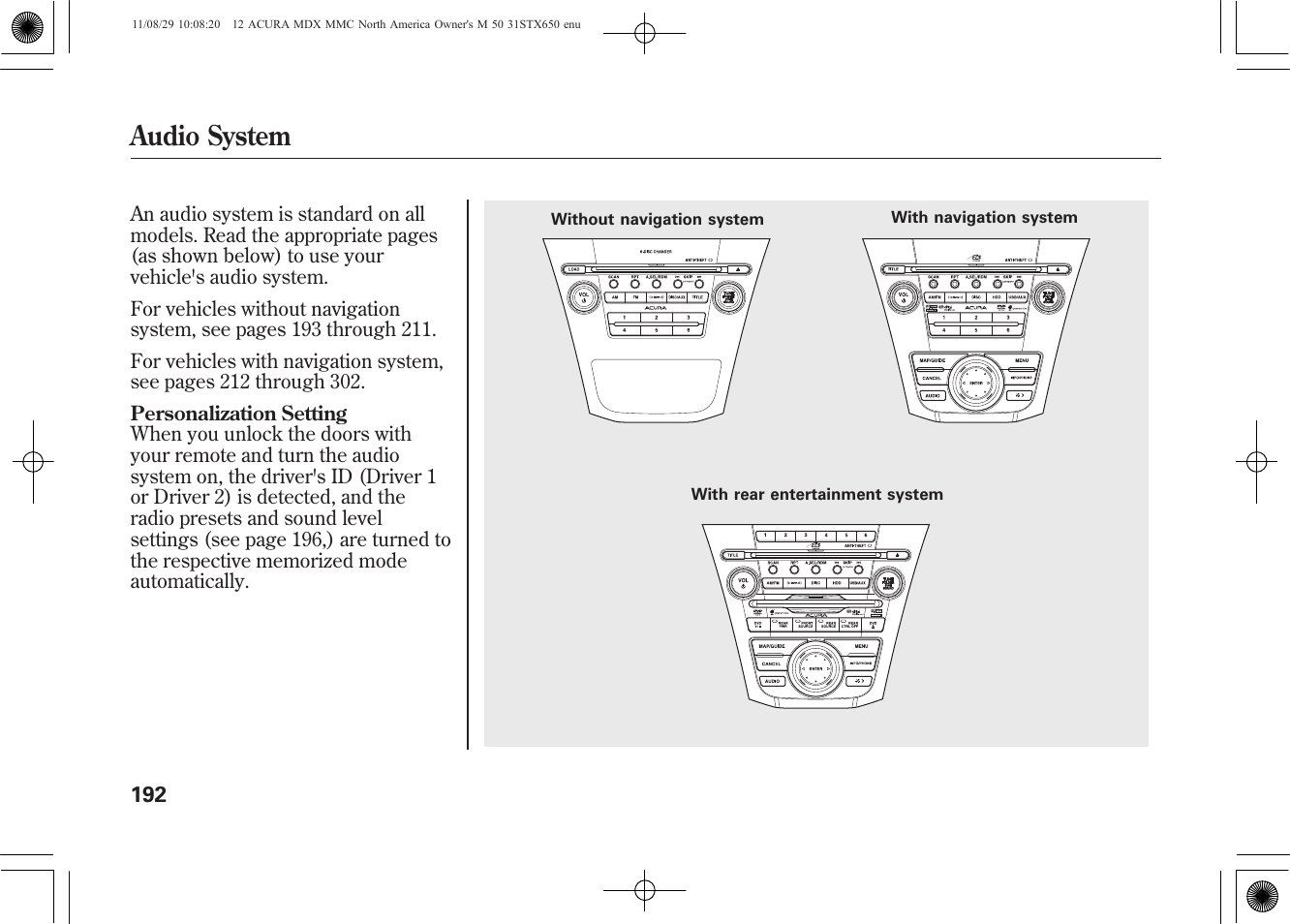 Audio system | Acura 2012 MDX User Manual | Page 199 / 617