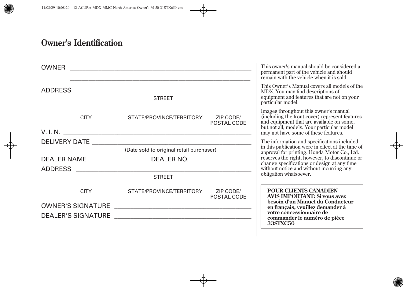 Owner's identification | Acura 2012 MDX User Manual | Page 2 / 617