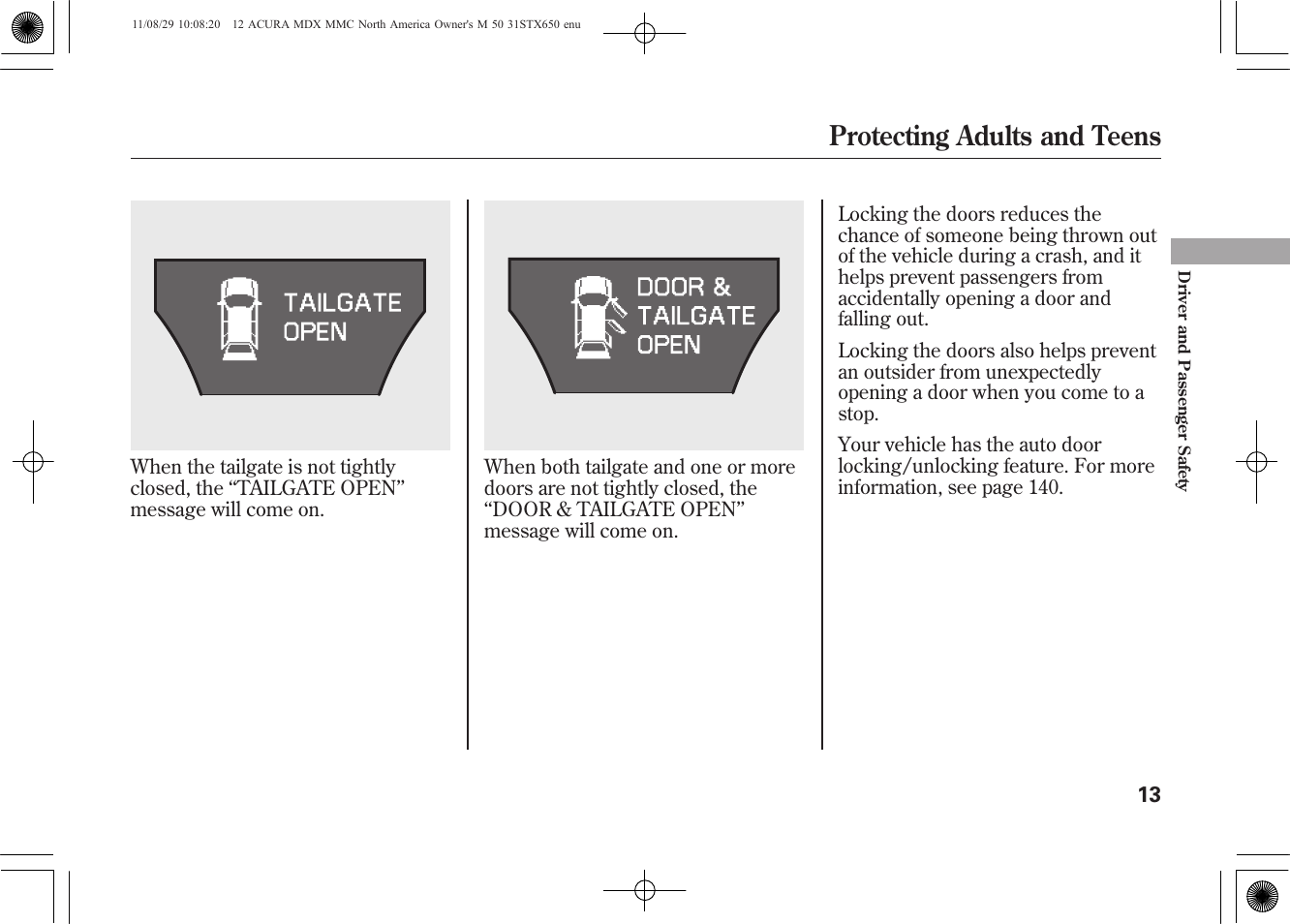 Protecting adults and teens | Acura 2012 MDX User Manual | Page 20 / 617