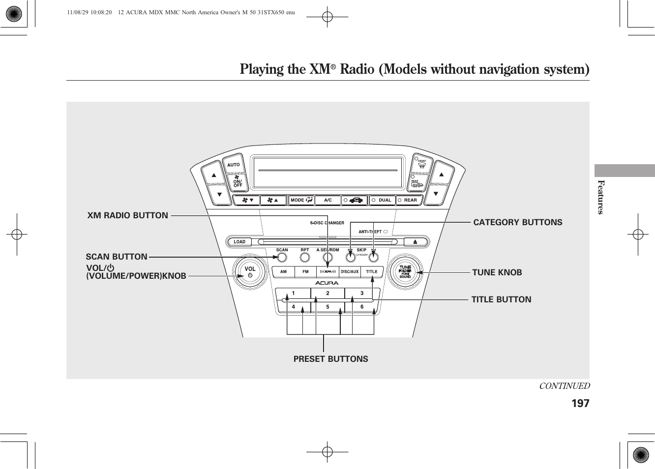 Playing the xm, Radio (models without navigation system) | Acura 2012 MDX User Manual | Page 204 / 617