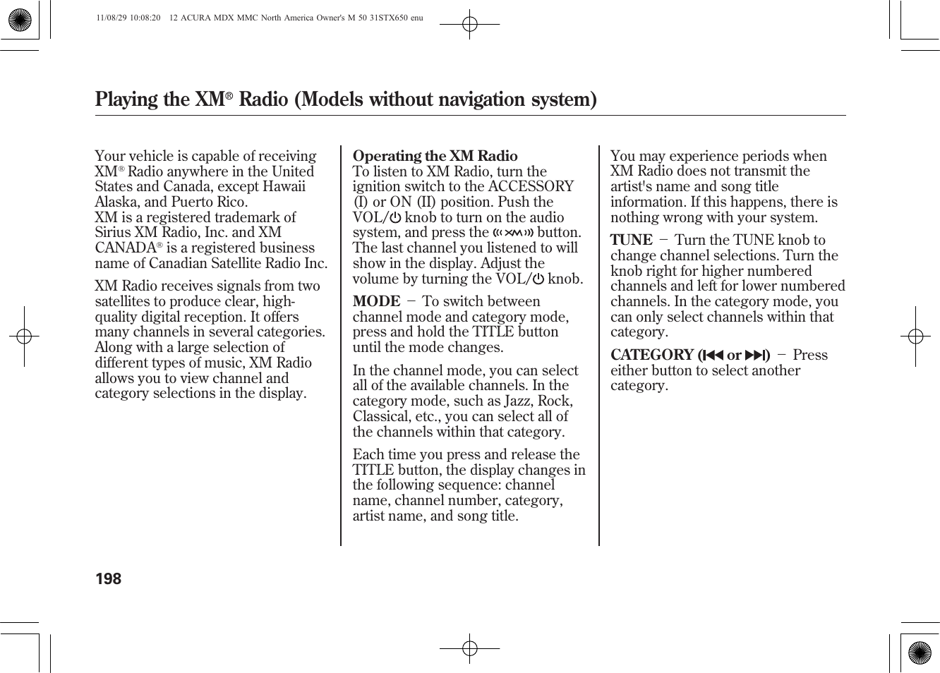 Playing the xm, Radio (models without navigation system) | Acura 2012 MDX User Manual | Page 205 / 617