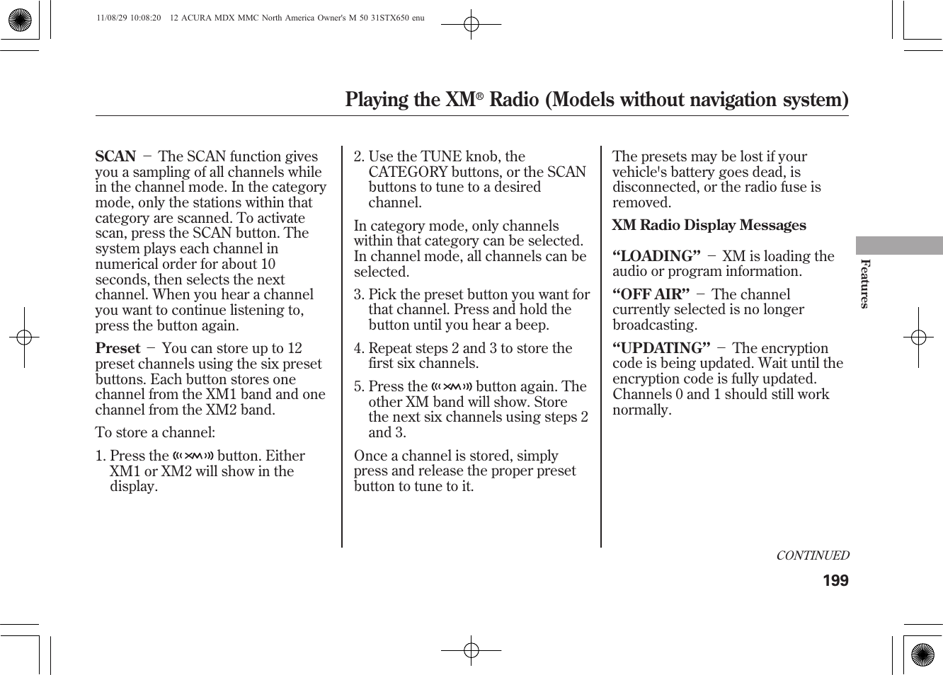 Playing the xm, Radio (models without navigation system) | Acura 2012 MDX User Manual | Page 206 / 617
