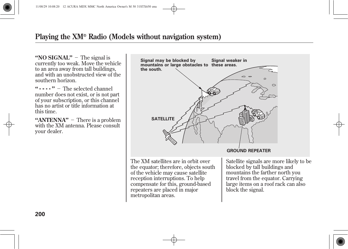 Playing the xm, Radio (models without navigation system) | Acura 2012 MDX User Manual | Page 207 / 617