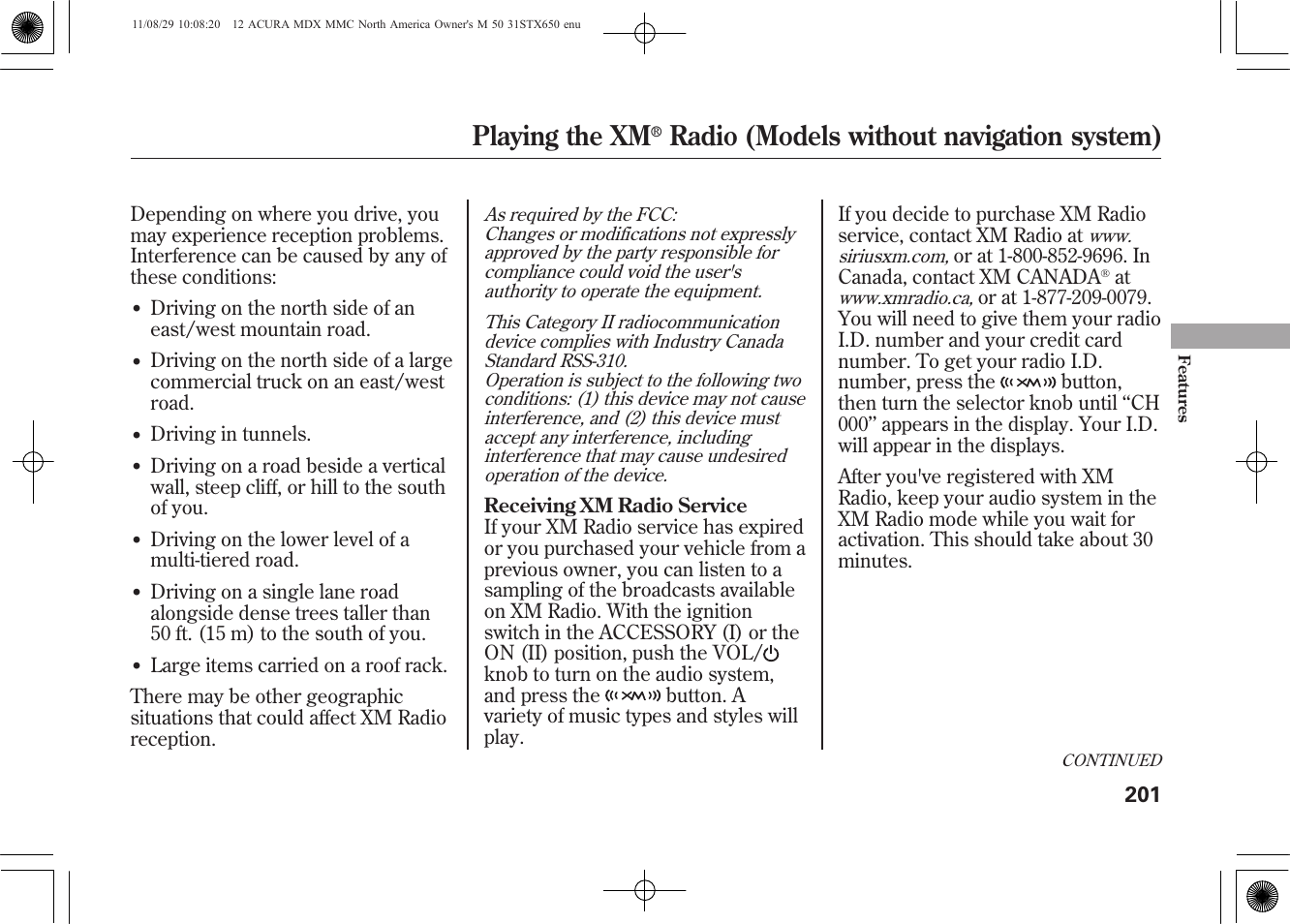 Playing the xm, Radio (models without navigation system) | Acura 2012 MDX User Manual | Page 208 / 617