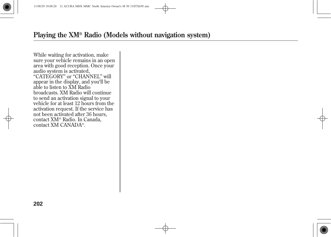 Playing the xm, Radio (models without navigation system) | Acura 2012 MDX User Manual | Page 209 / 617