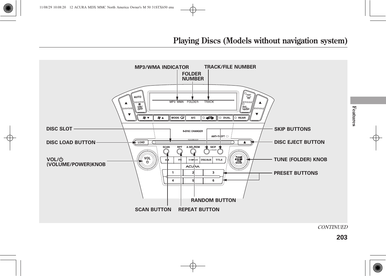 Playing discs (models without navigation system) | Acura 2012 MDX User Manual | Page 210 / 617