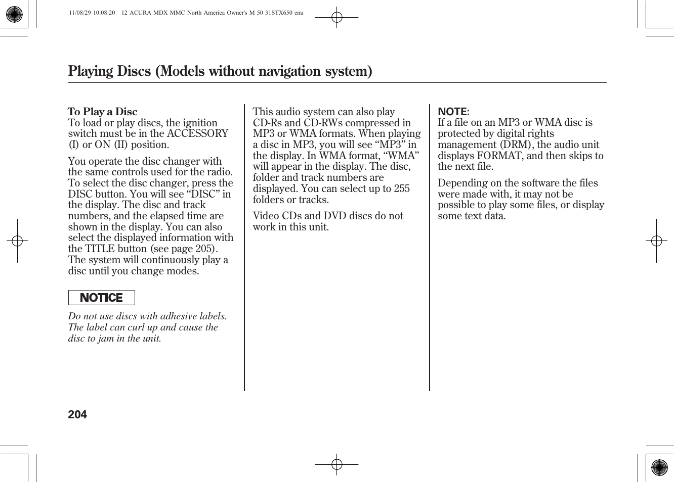 Playing discs (models without navigation system) | Acura 2012 MDX User Manual | Page 211 / 617