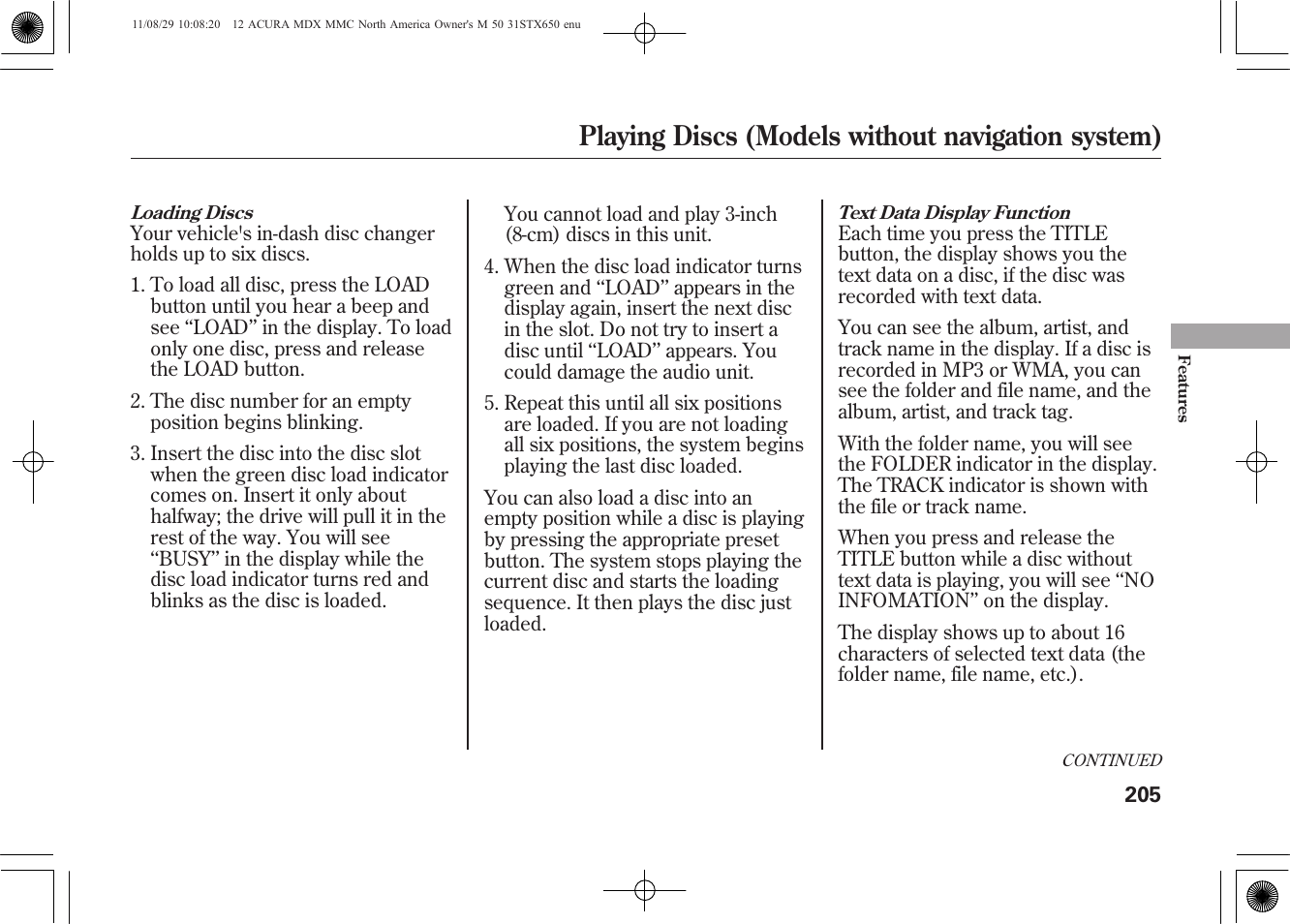 Playing discs (models without navigation system) | Acura 2012 MDX User Manual | Page 212 / 617