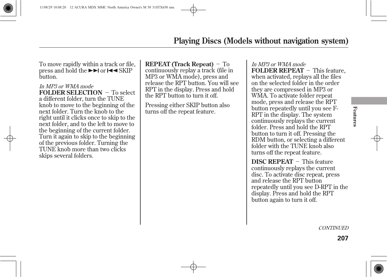 Playing discs (models without navigation system) | Acura 2012 MDX User Manual | Page 214 / 617
