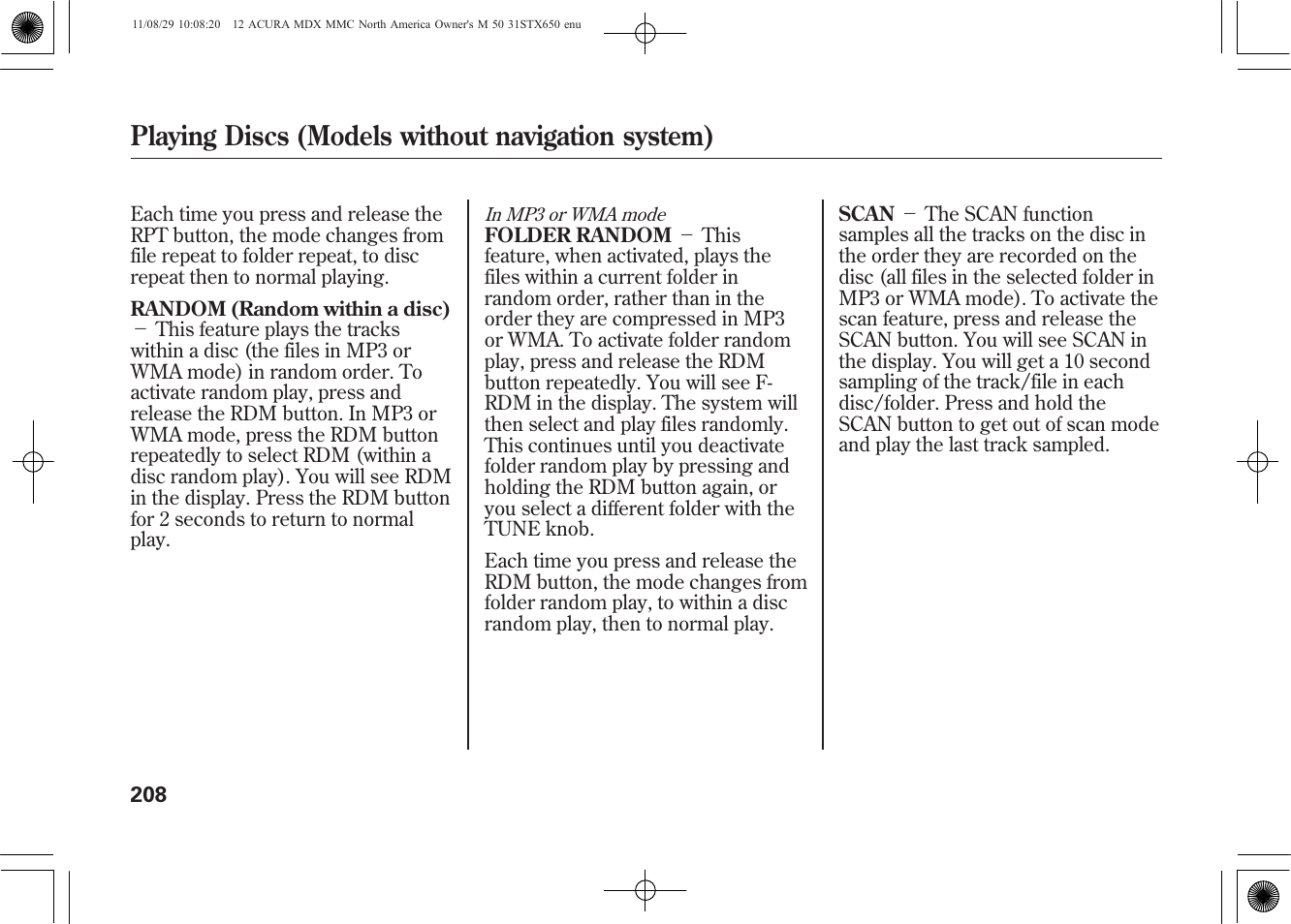 Playing discs (models without navigation system) | Acura 2012 MDX User Manual | Page 215 / 617