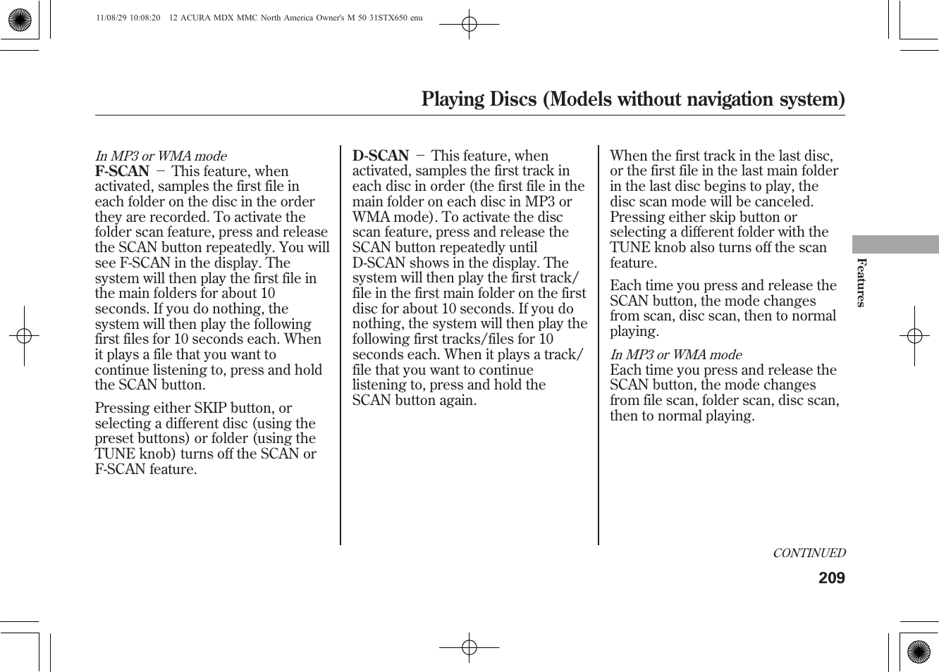 Playing discs (models without navigation system) | Acura 2012 MDX User Manual | Page 216 / 617
