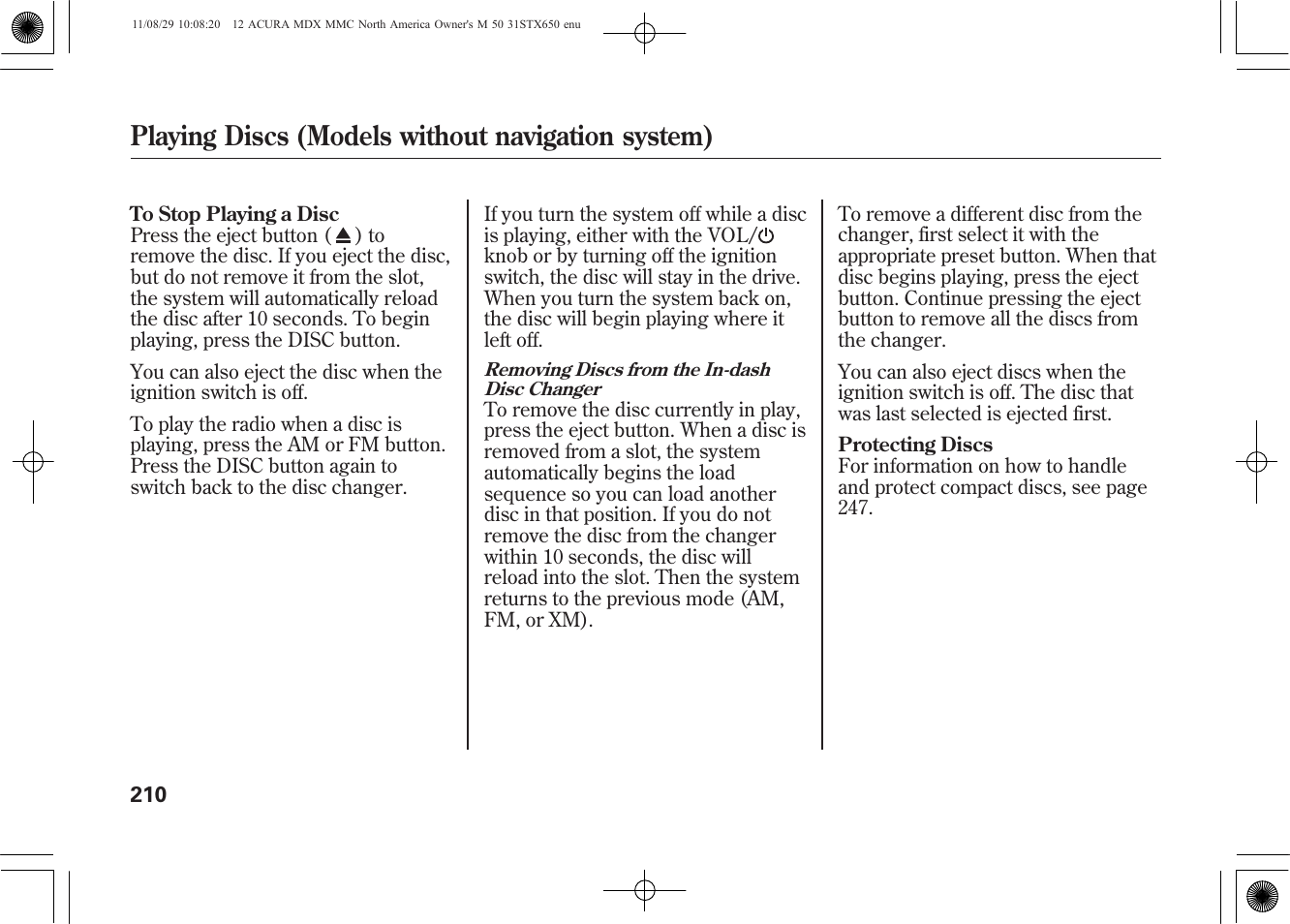 Playing discs (models without navigation system) | Acura 2012 MDX User Manual | Page 217 / 617