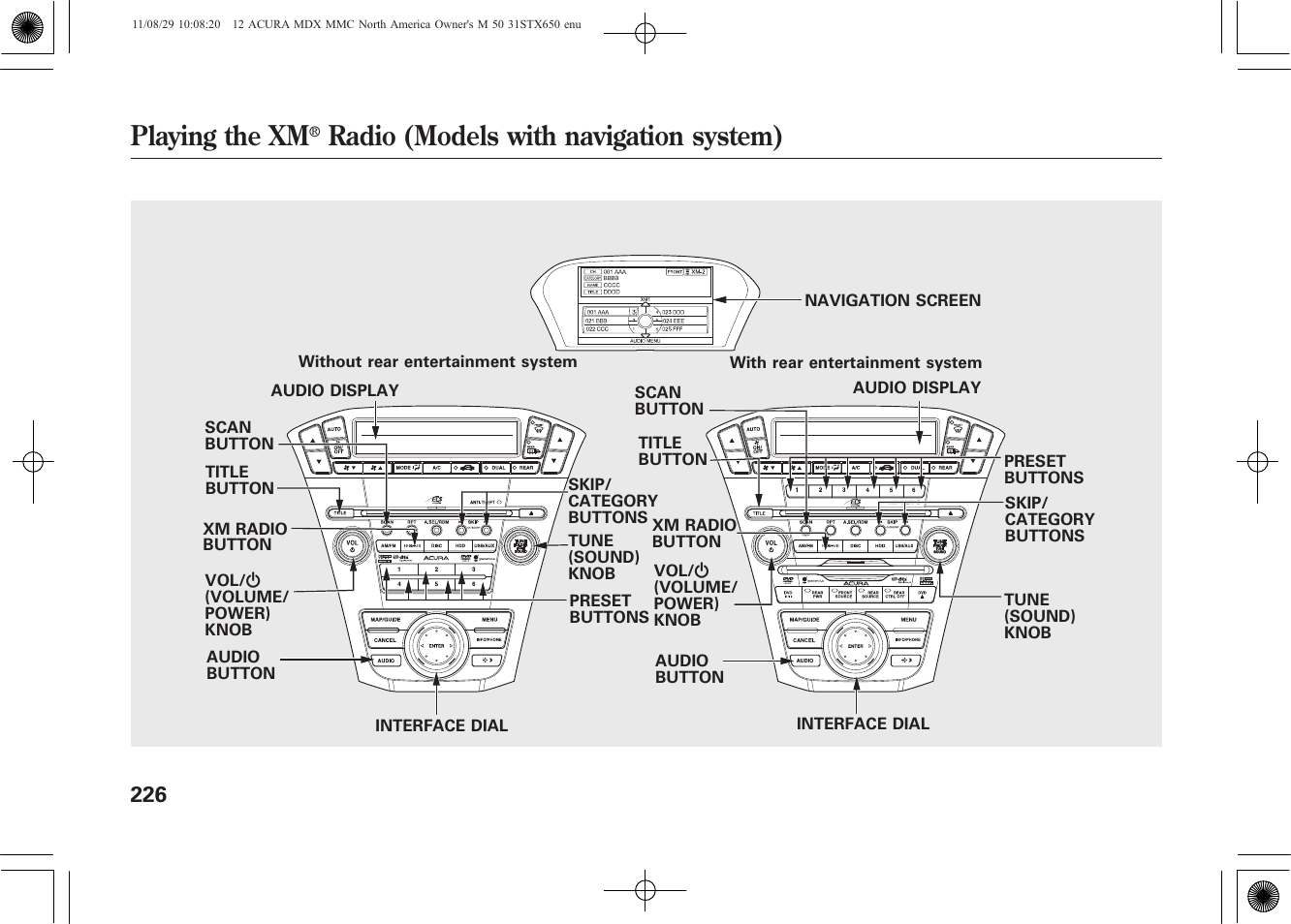 Playing the xm, Radio (models with navigation system) | Acura 2012 MDX User Manual | Page 233 / 617