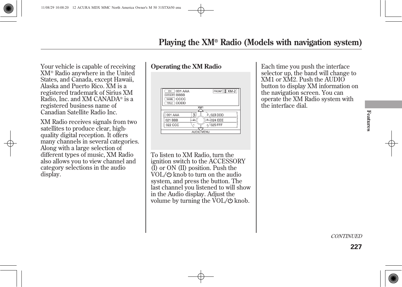 Playing the xm, Radio (models with navigation system) | Acura 2012 MDX User Manual | Page 234 / 617