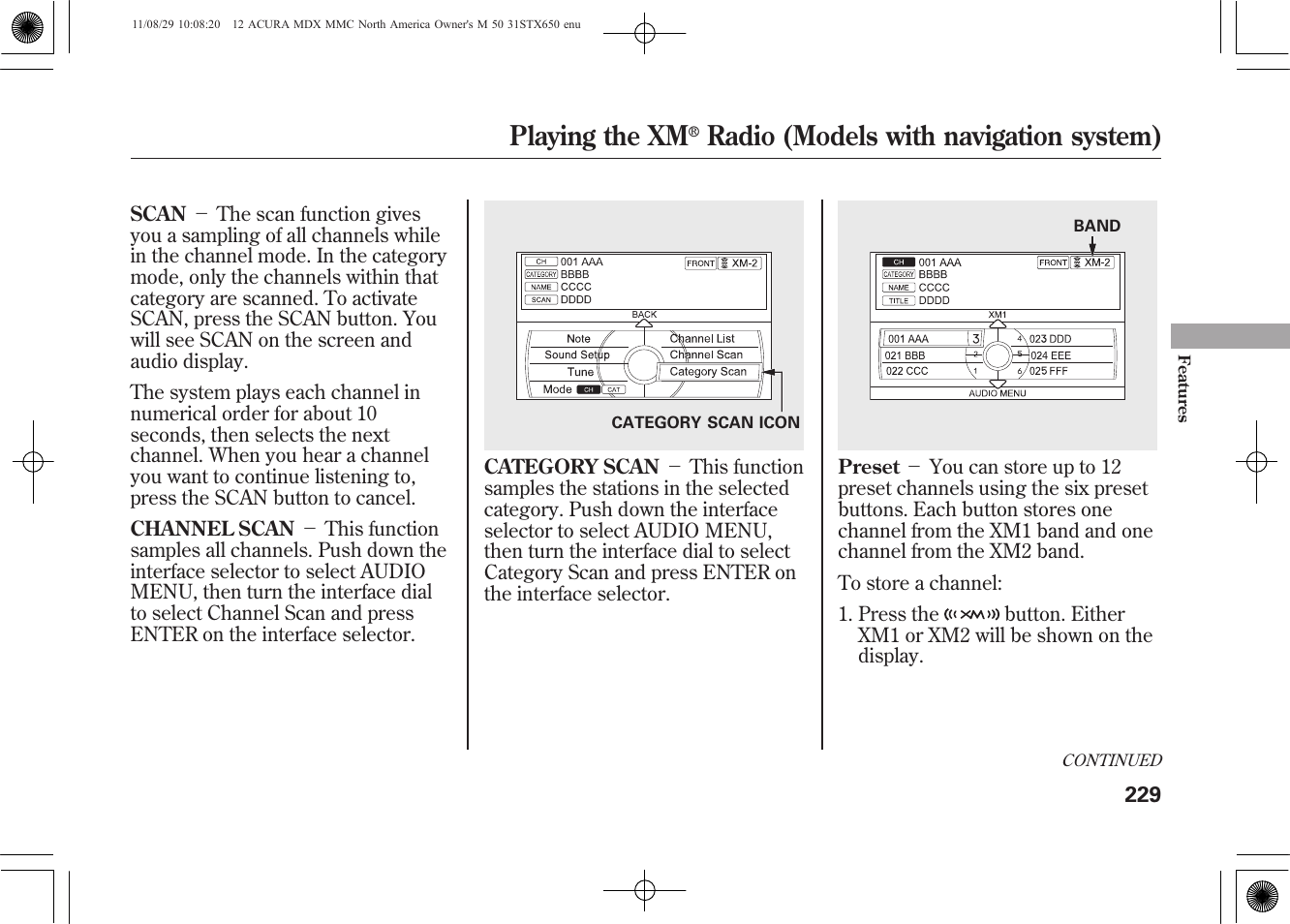 Playing the xm, Radio (models with navigation system) | Acura 2012 MDX User Manual | Page 236 / 617
