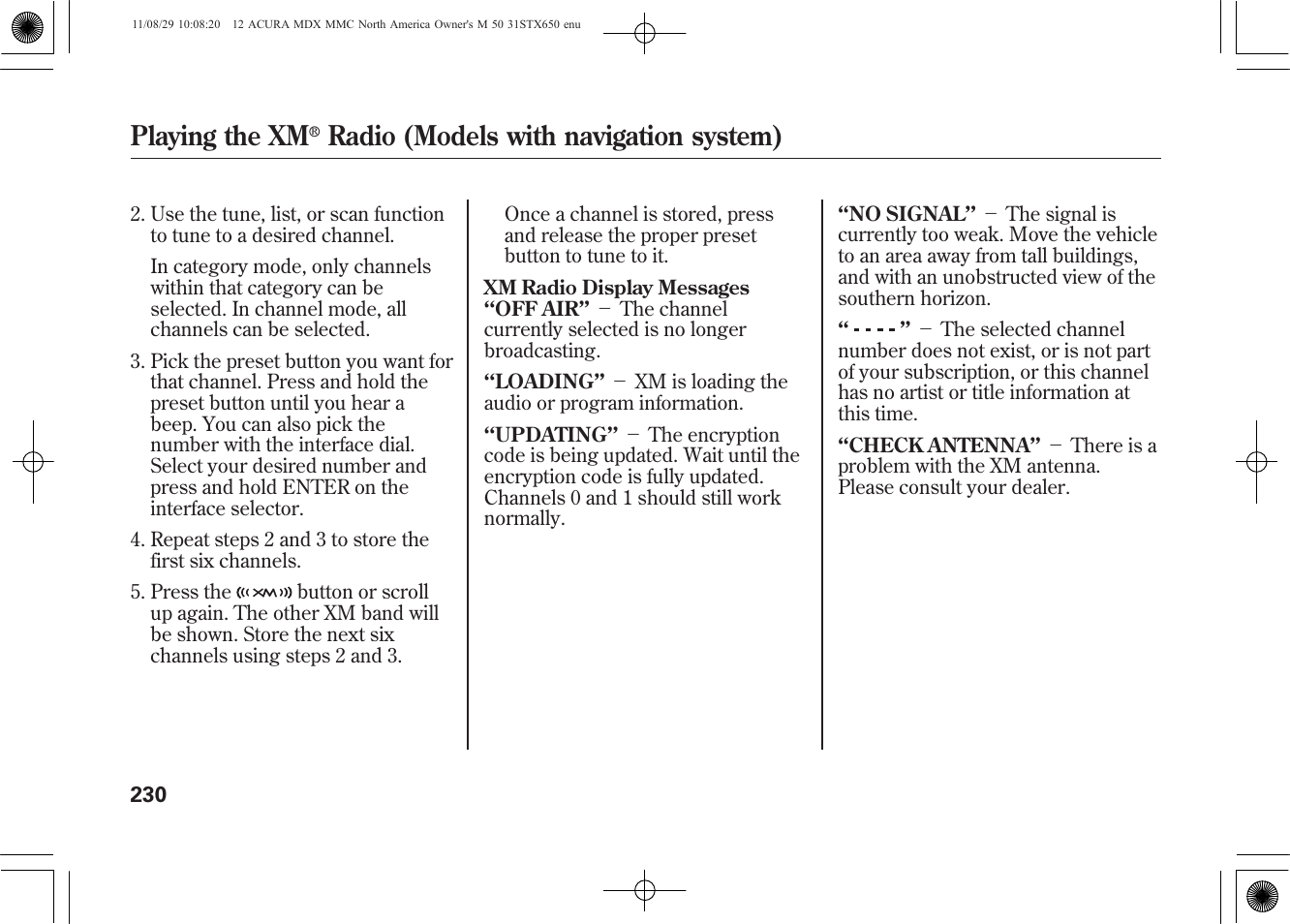 Playing the xm, Radio (models with navigation system) | Acura 2012 MDX User Manual | Page 237 / 617