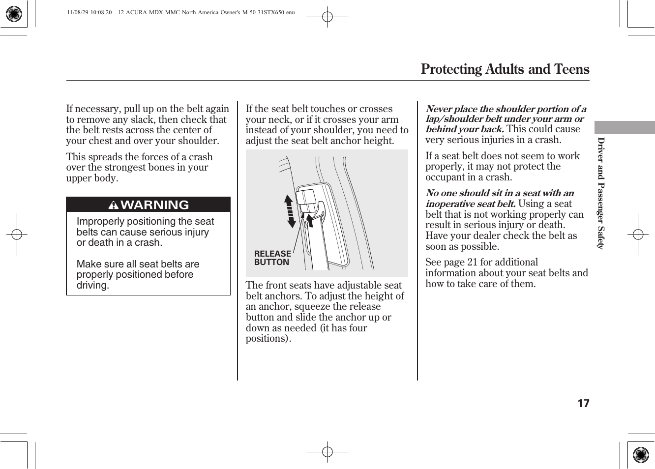 Protecting adults and teens | Acura 2012 MDX User Manual | Page 24 / 617
