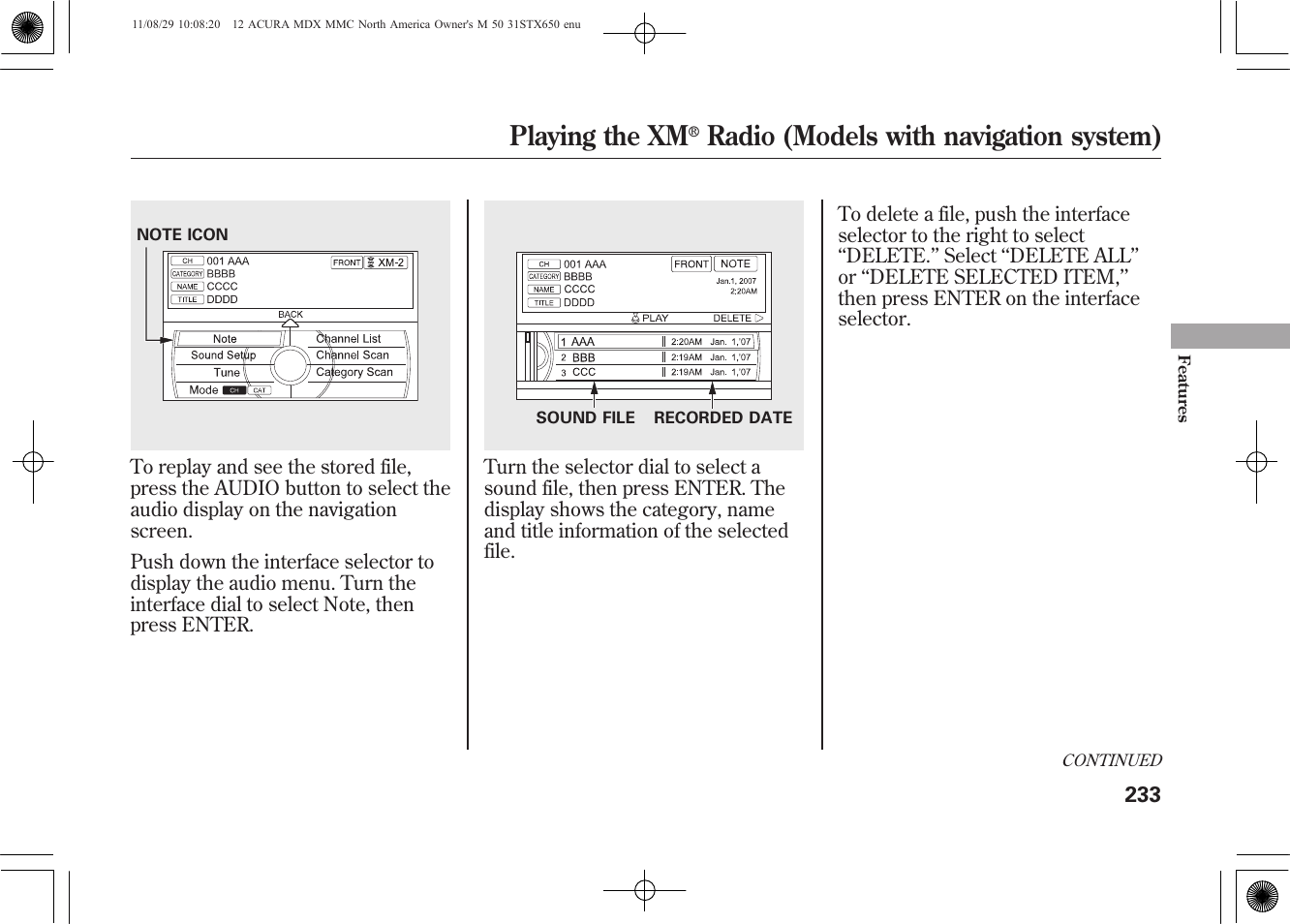 Playing the xm, Radio (models with navigation system) | Acura 2012 MDX User Manual | Page 240 / 617