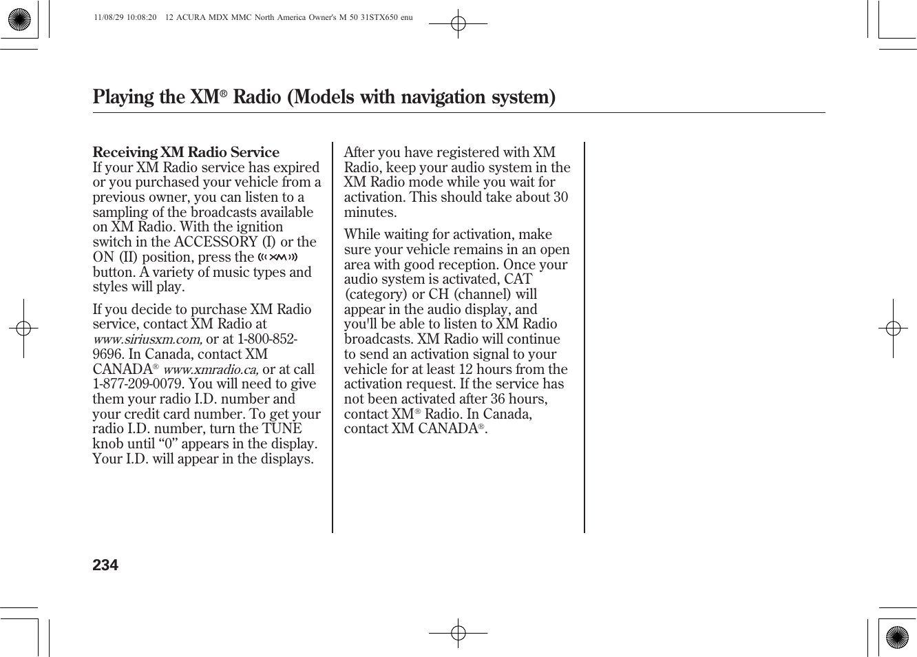 Playing the xm, Radio (models with navigation system) | Acura 2012 MDX User Manual | Page 241 / 617