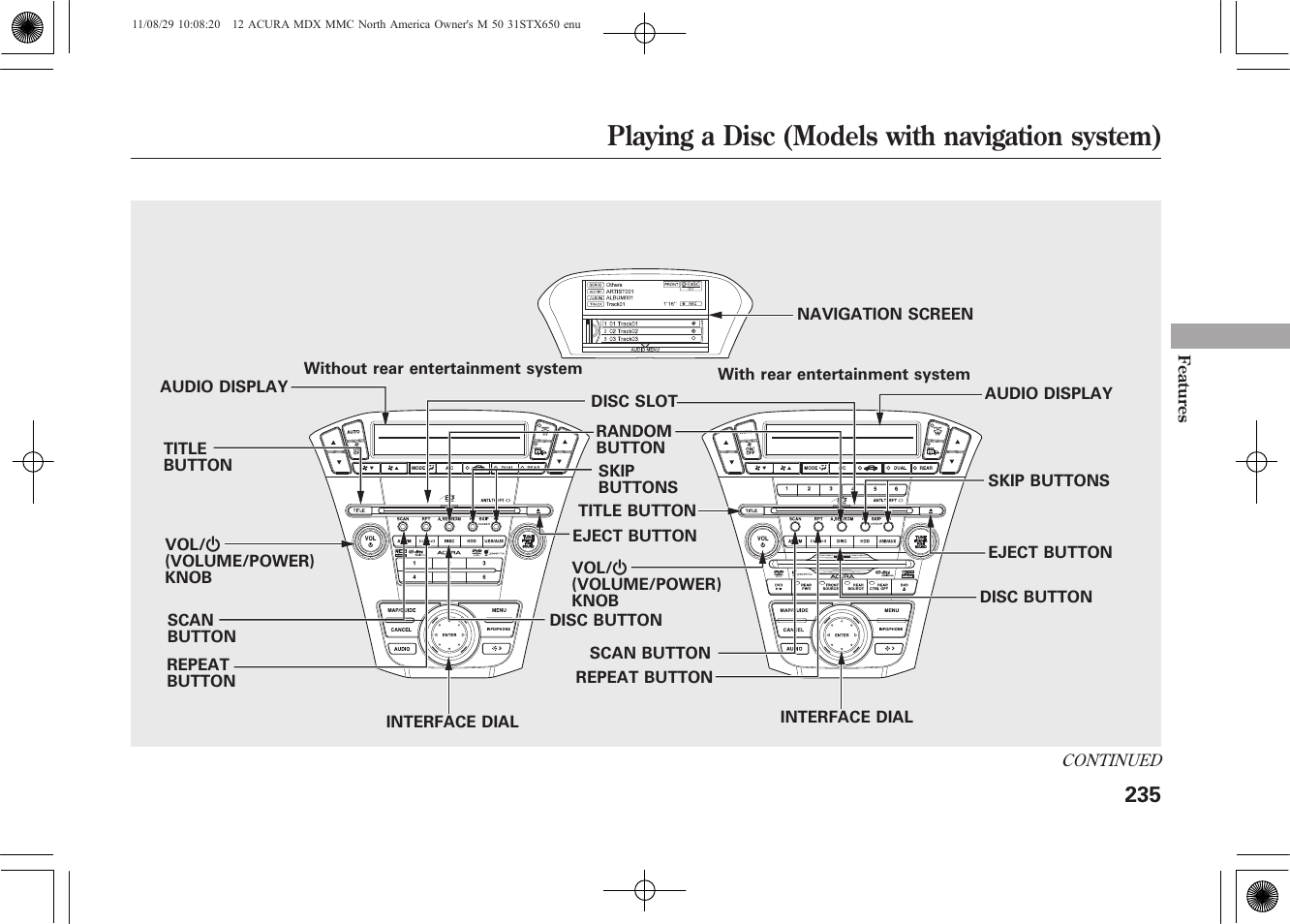 Playing a disc (models with navigation system) | Acura 2012 MDX User Manual | Page 242 / 617