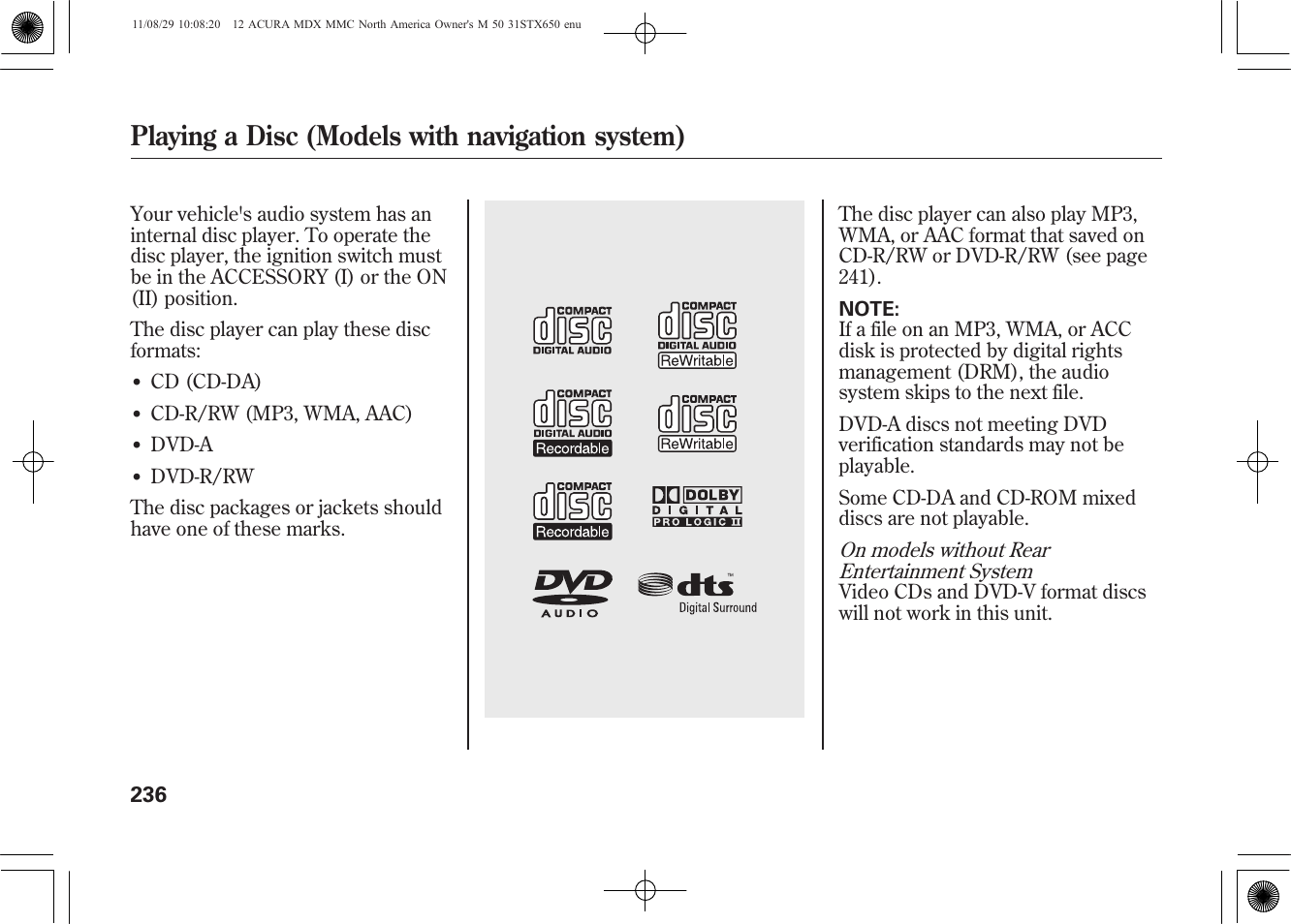 Playing a disc (models with navigation system) | Acura 2012 MDX User Manual | Page 243 / 617
