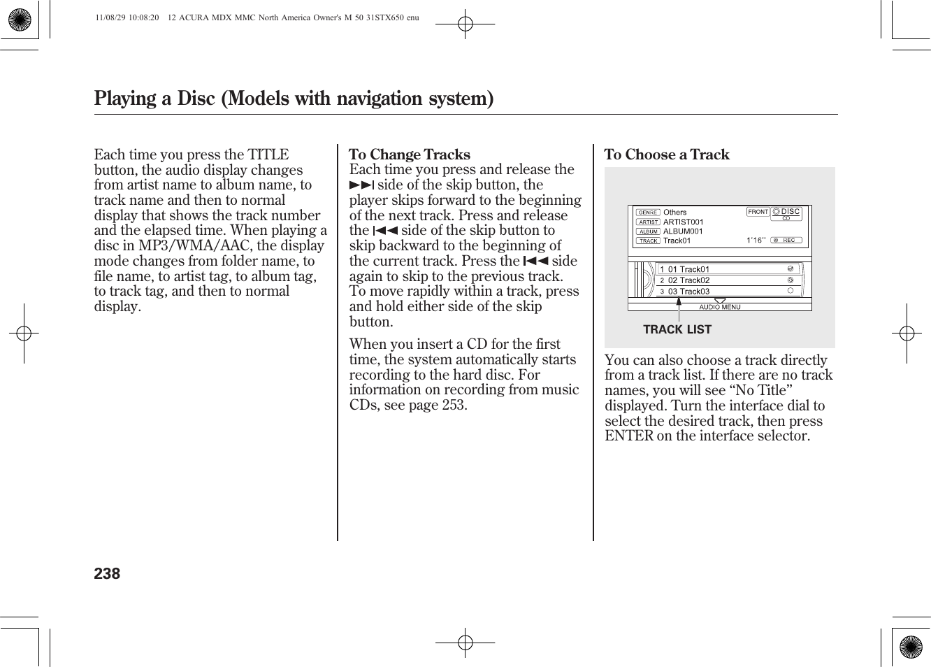 Playing a disc (models with navigation system) | Acura 2012 MDX User Manual | Page 245 / 617