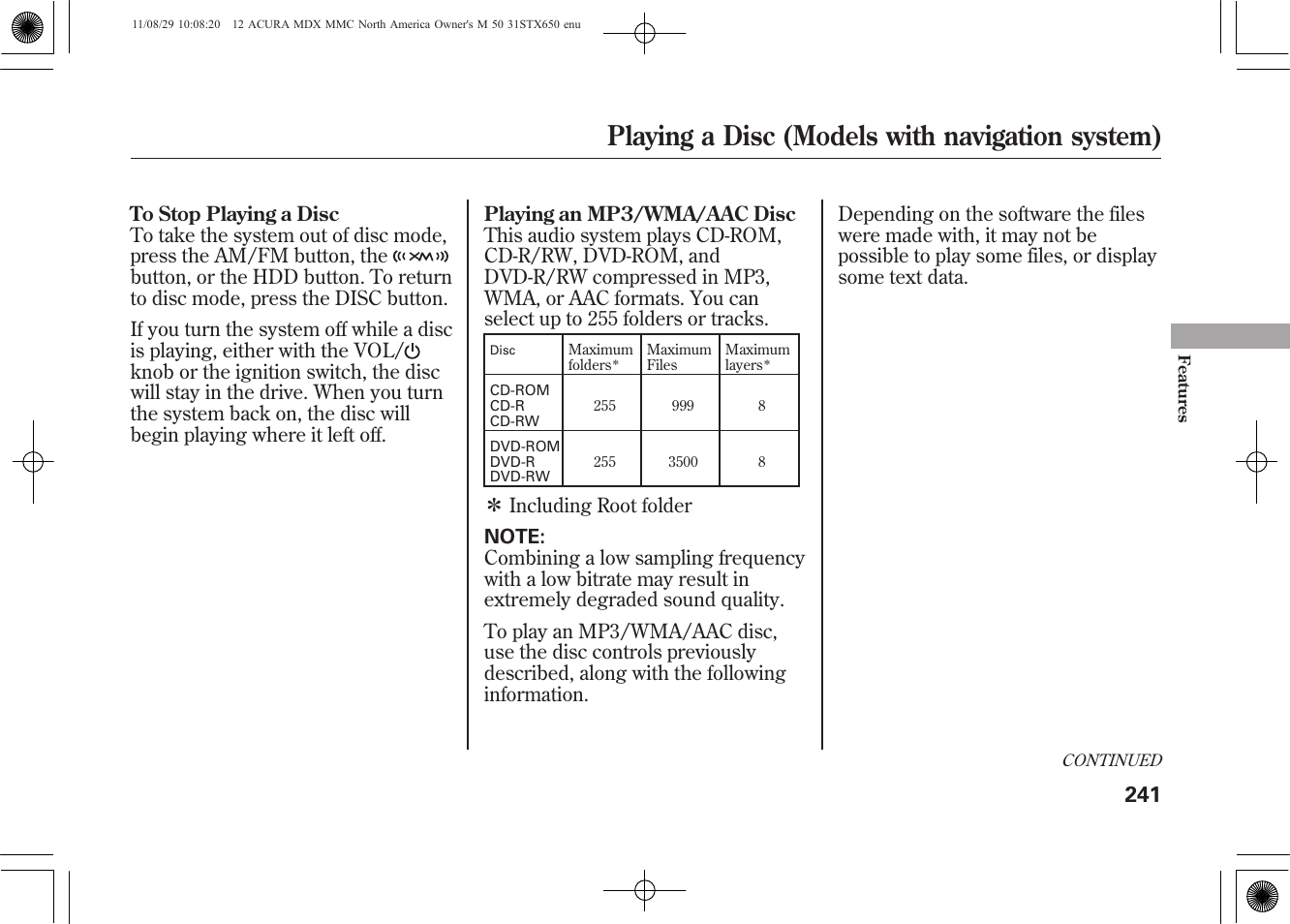 Playing a disc (models with navigation system) | Acura 2012 MDX User Manual | Page 248 / 617