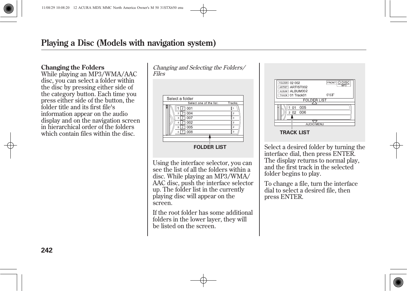 Playing a disc (models with navigation system) | Acura 2012 MDX User Manual | Page 249 / 617