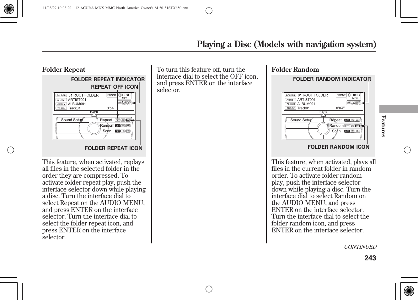 Playing a disc (models with navigation system) | Acura 2012 MDX User Manual | Page 250 / 617