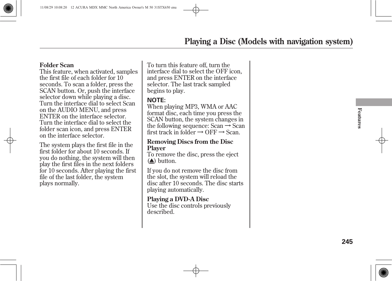 Playing a disc (models with navigation system) | Acura 2012 MDX User Manual | Page 252 / 617