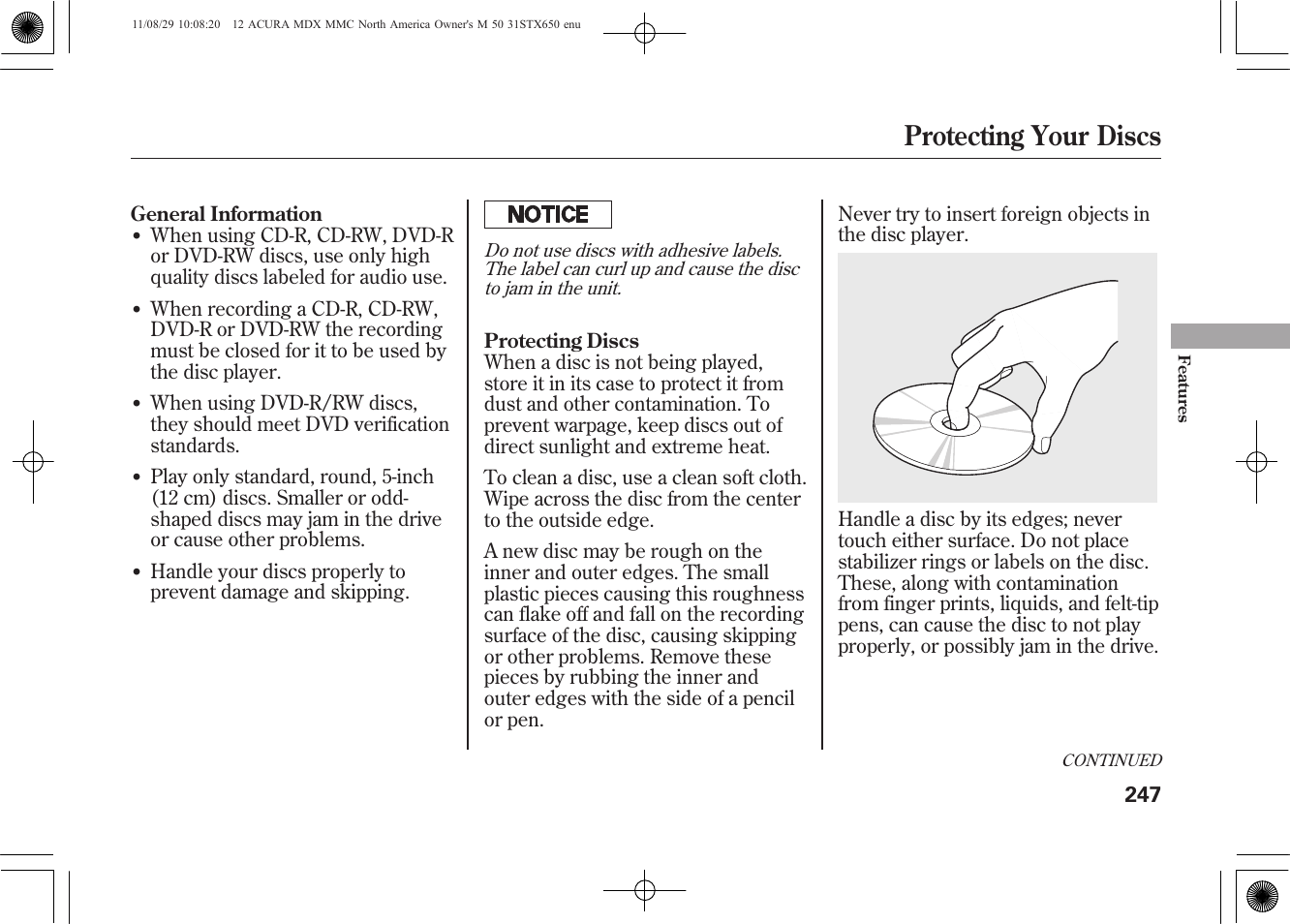 Protecting your discs | Acura 2012 MDX User Manual | Page 254 / 617