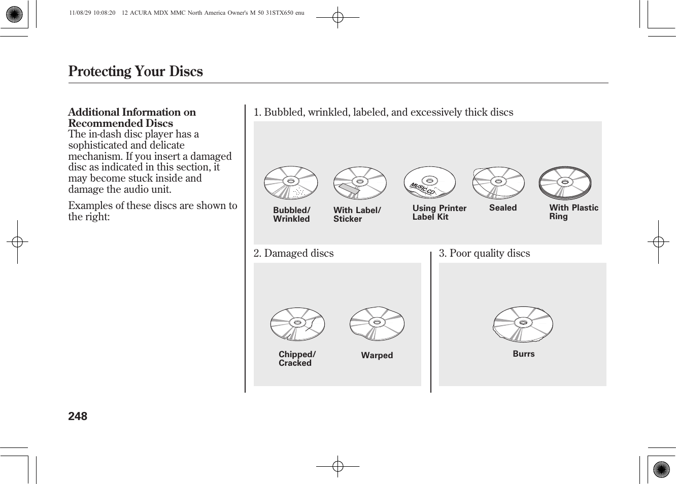 Protecting your discs | Acura 2012 MDX User Manual | Page 255 / 617